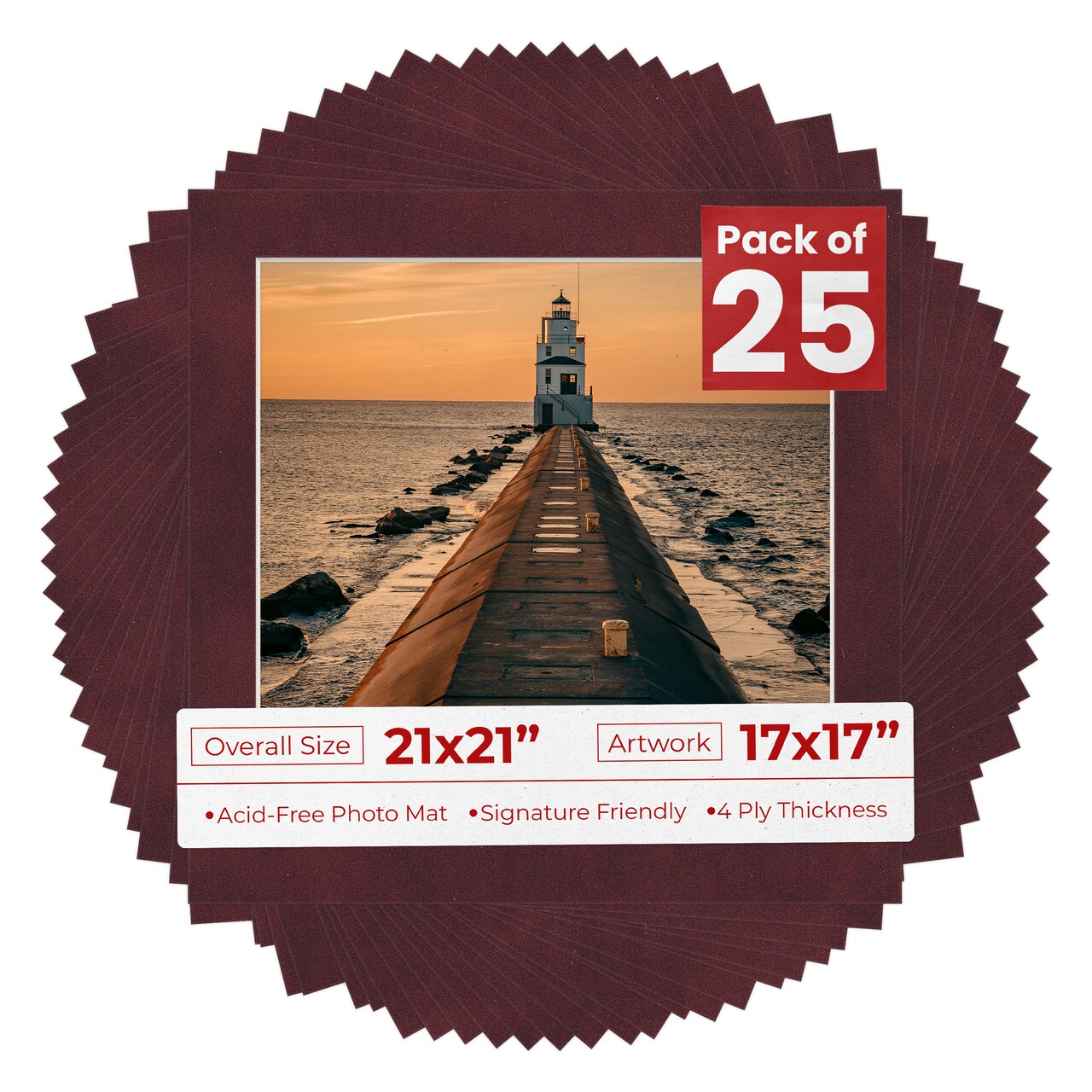 Dark Red Suede Mat Board for 21x21 Frames - Fits 17x17 Photos